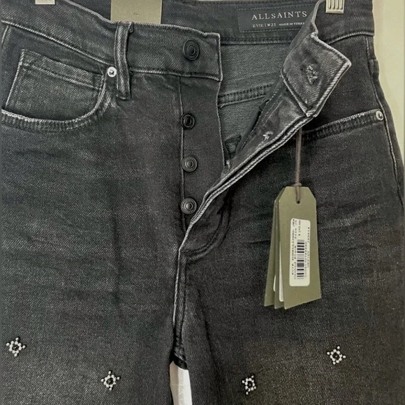AllSaints NWT High-Waisted Rhinestone Embellished Flared Washed Black Jeans